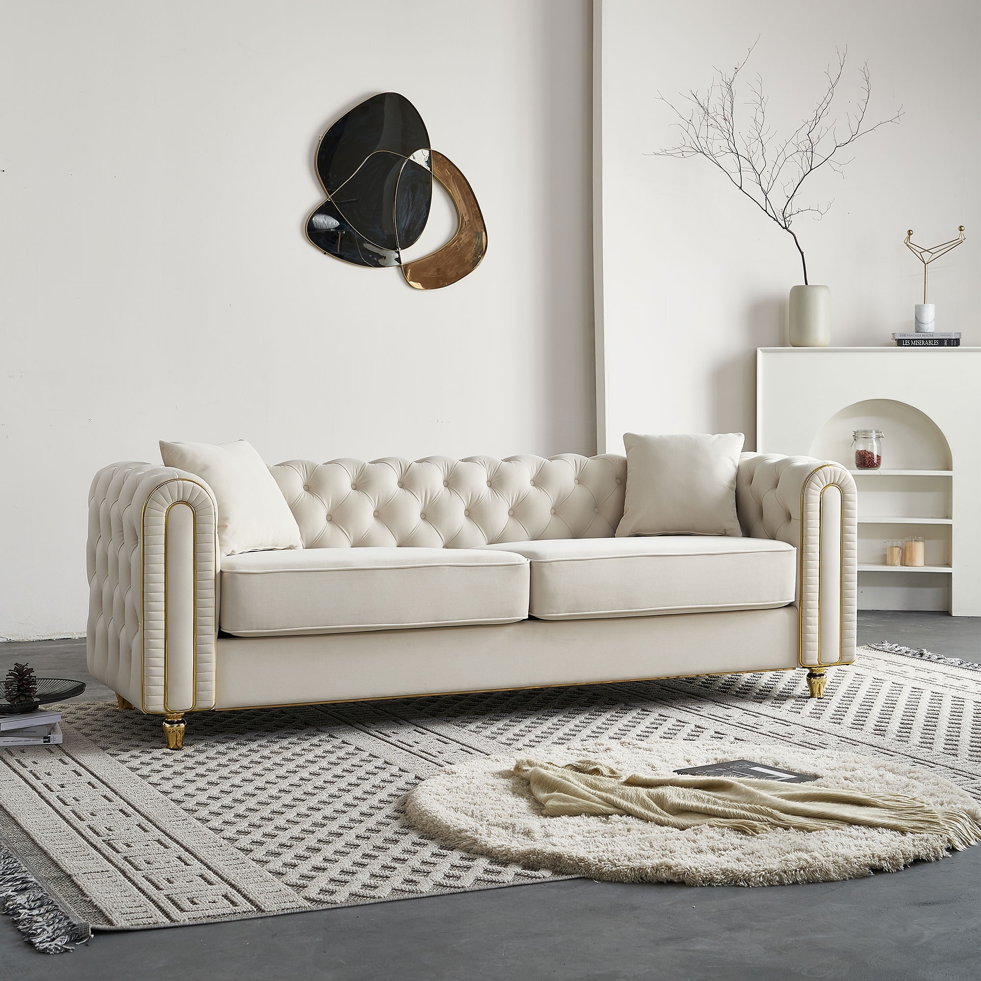 Accent Couch Beige 3-Seater Sofa Couch with Pillows, Vintage Settee Lounge Sofa Couch for Living Room