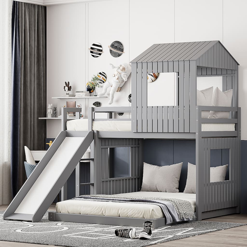 Wooden Twin Over Full Bunk Bed, Loft Bed with Playhouse, Farmhouse, Ladder, Slide and Guardrails, Gray
