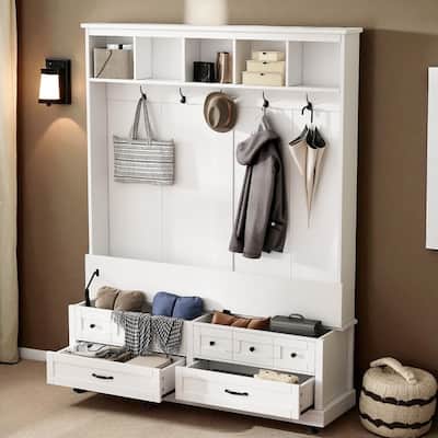 59 in Hall Tree with Lift-Top Bench, 5 Hooks, 2 Drawers, Entryway Coat & Shoe Organizer, 74 in H