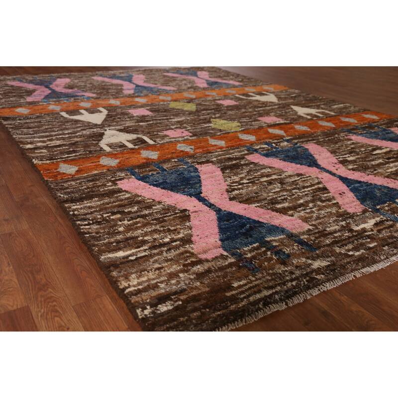Brown Geometric Moroccan Area Rug Hand-Knotted Wool Carpet - 6'10" x 9'10" - 6'10" x 9'10" - Brown