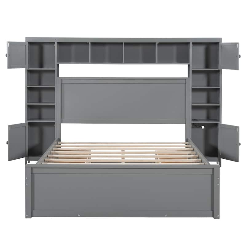 Queen Size Wooden Bed With All-in-One Cabinet