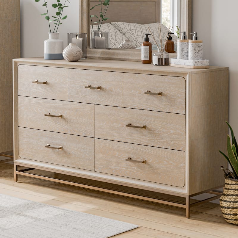 Furniture of America Drayden Transitional Solid Wood 7-Drawer Dresser with Metal Legs - Light Oak