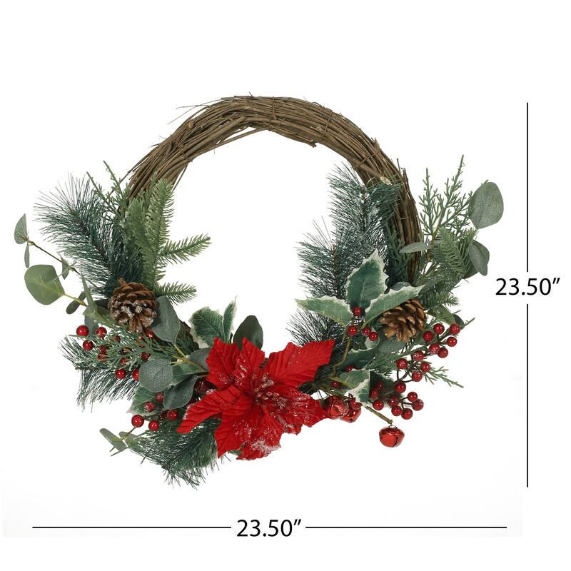 23.5" Poinsettia/Berry/Eucalyptus Half Wreath - Green Leaves