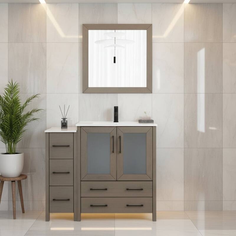 Vanity Art 42 Inch Single Sink Bathroom Vanity Set 5 Dove-Tailed Drawers 1 Cabinets 1 Shelf, Soft-Closing Doors with Free Mirror - Driftwood Gray