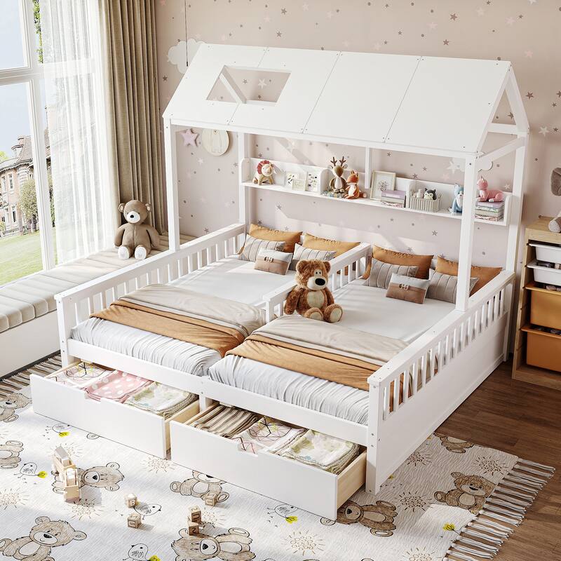 Double Twin Platform Bed with Storage Shelves and Drawers, House Platform Bed with Support Slats, Childlike