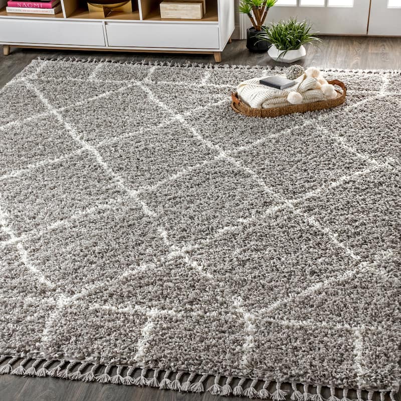 JONATHAN Y Modern Shag Plush Tassel Moroccan Geometric Trellis Area Rug