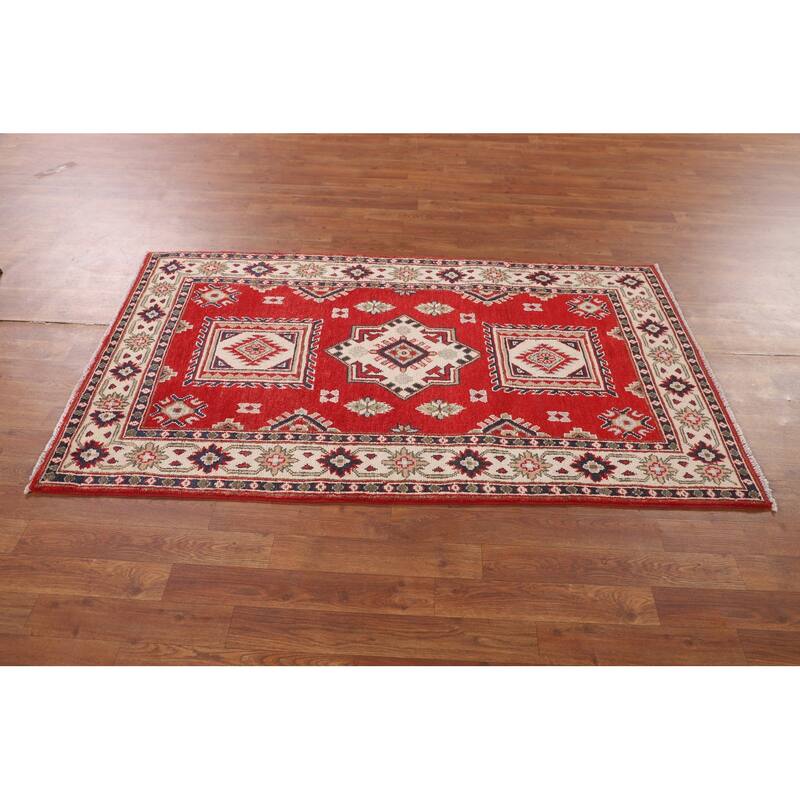 Red Geometric Kazak Oriental Foyer Rug Handmade Accent Wool Carpet - 3'3" x 5'9"