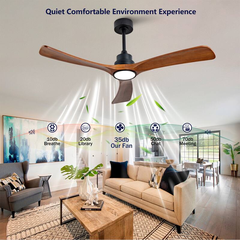 52 Inch Wood Ceiling Fan With 3 Solid Wood Blades Remote Control Reversible DC Motor For Living Room - Black