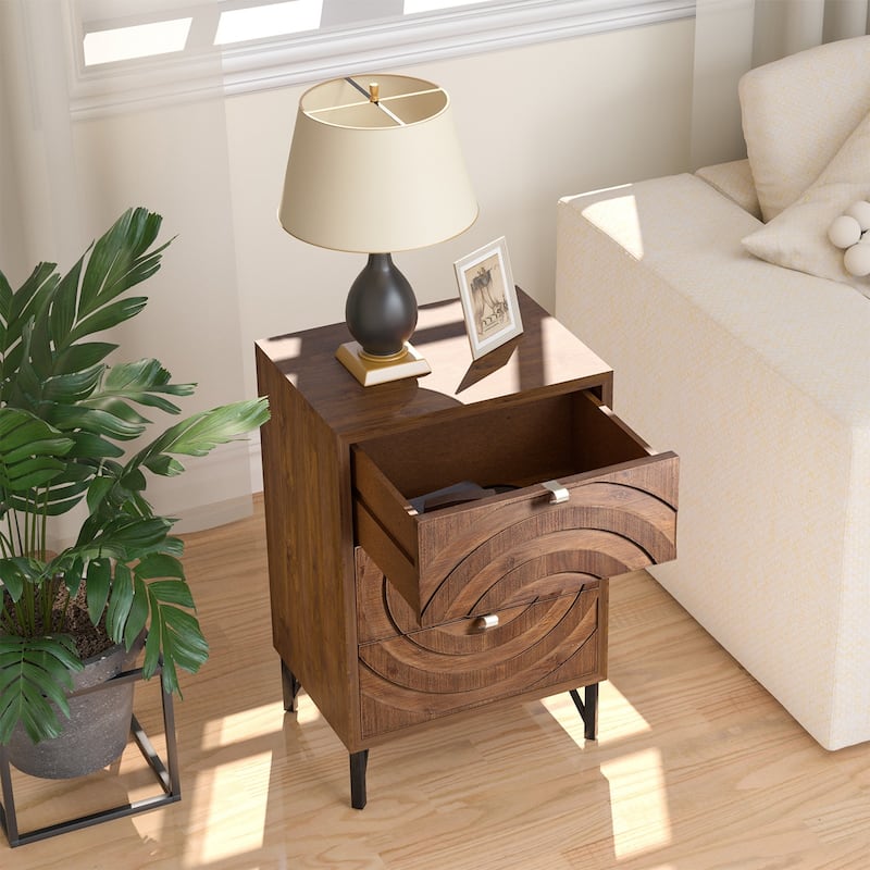 SUNBURY Solid Wood Brown Nightstand with 3-Drawers
