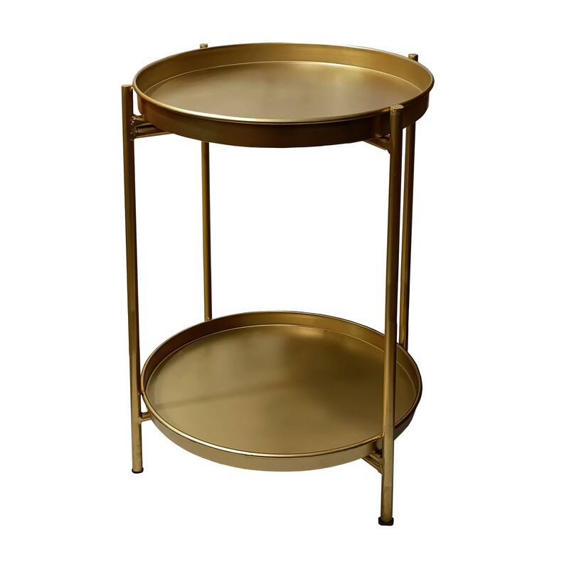 Vica 20 Inch High Round Side End Table with 2 Tier Iron Frame, Matte Gold