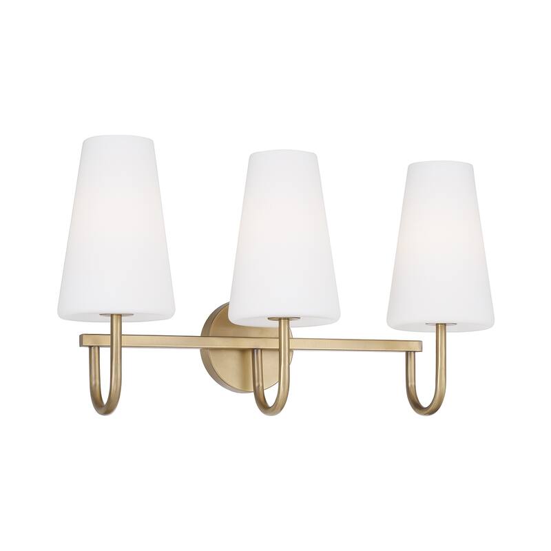 24" W x 14.5" H 3-Light Vanity with Tapered Soft White Glass - 24"W x 13.25"H x 8"E - Aged Brass
