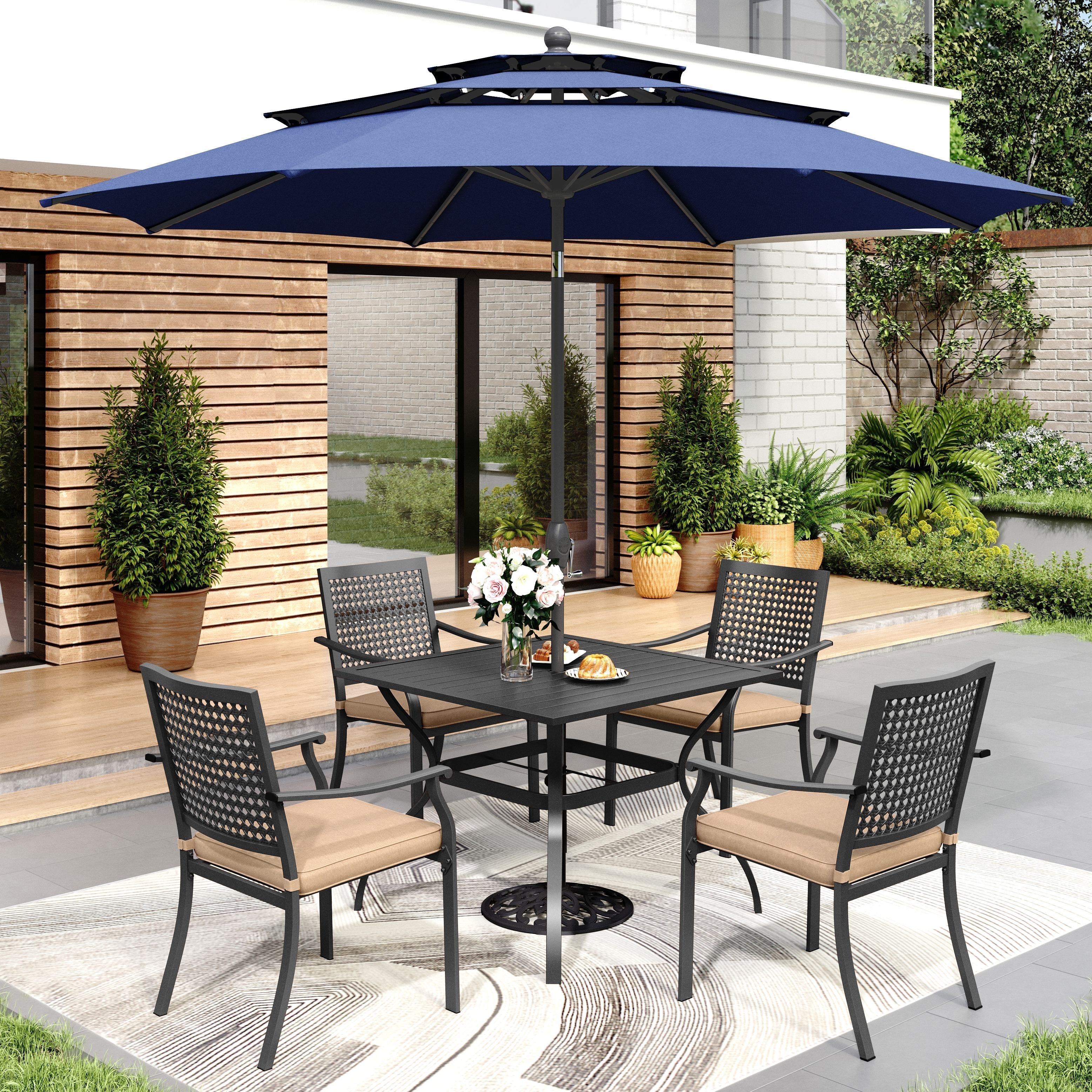 5-Piece Metal E-coating Patio Dining Set of 4 Steel Chairs with Cushions and 1 Metal Table