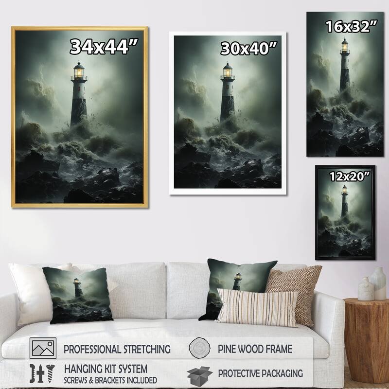Designart "Lighthouse Battling The Stormy Waves I" Factories Framed Canvas Art Print