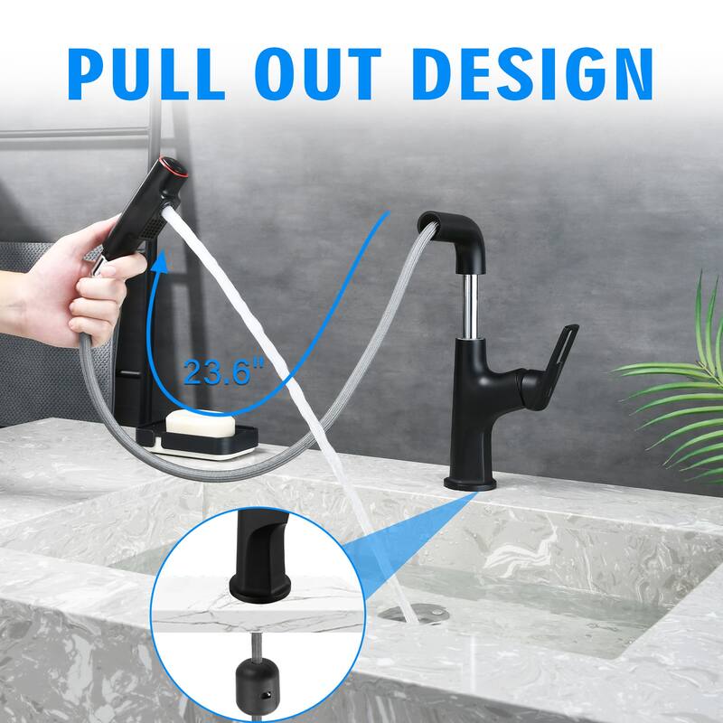 Anmytek Pull-Down Vessel Faucet - Single Hole, Lift Spout & Dual Spray, Matte Black