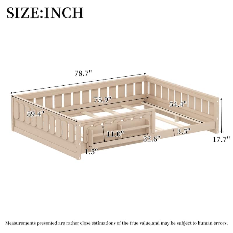 Kid Wood Platform Storage Bed Montessori Toddler Floor Bed Children Daybed with Guardrail and Side Creativity Storage Shelves