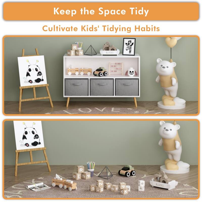 Anmytek White/Gray Kids Storage Organizer with Fabric Drawers White Bookcase Toy Display Shelf