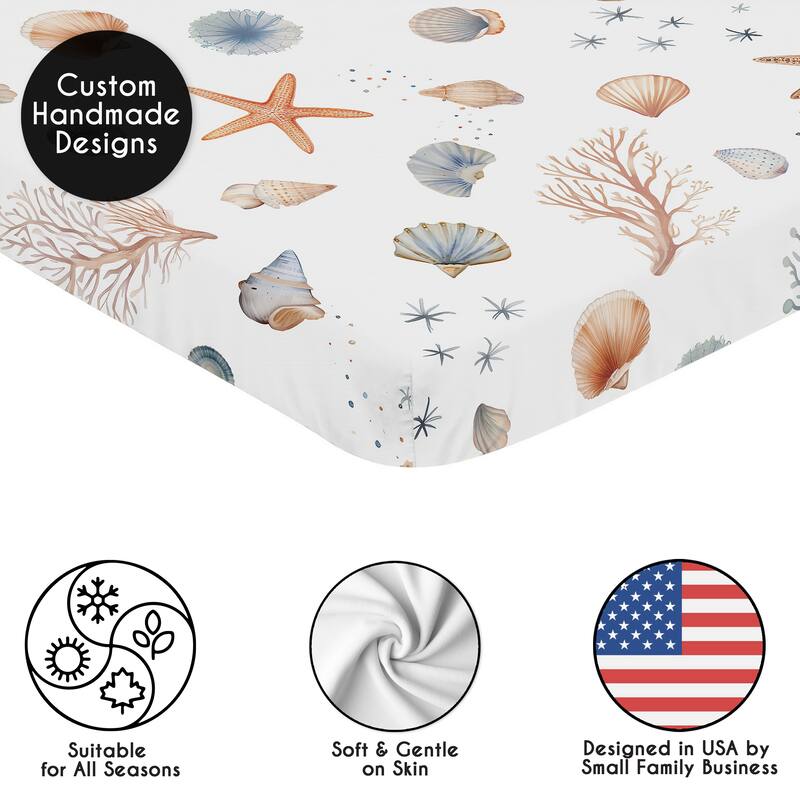 Sweet Jojo Designs Ocean Seashells Boy, Girl, Unisex/Gender Neutral Fitted Mini Portable Crib Sheet - Nautical Beach Watercolor