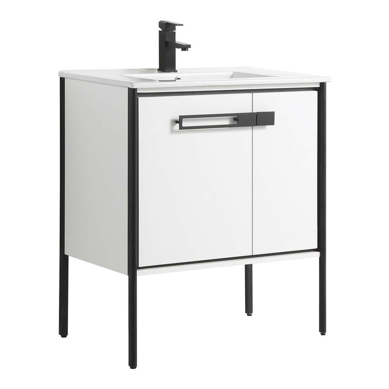Fine Fixtures Oakville Bathroom Vanity with White Ceramic Sink - 30 Inch - White Matte - Black Hardware