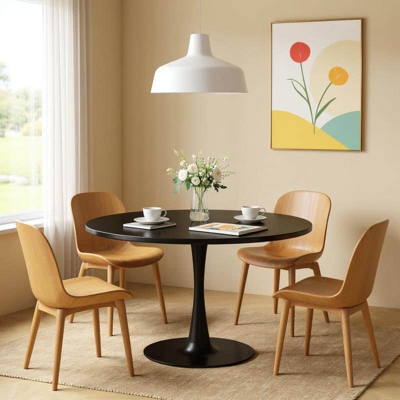 Grondin Mid-Century Modern Round Kitchen or Dining Table with Premium MDF Top and Steel Pedestal Base for Dining Room - Black - 42.12" Dia