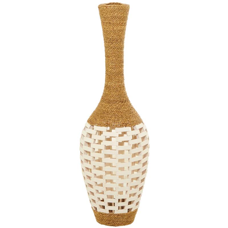 Brown Seagrass Handmade Wrapped Tall Floor Vase with Open Framed Cream Bamboo Center