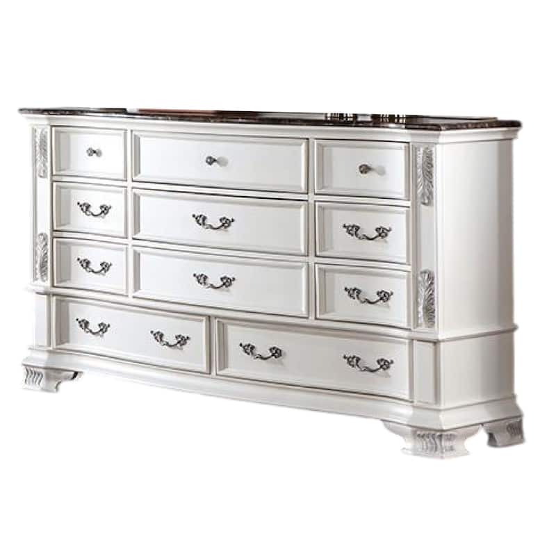 Prio Wide Dresser, 11 Drawers, Marble Top, Carved Pearl White Wood