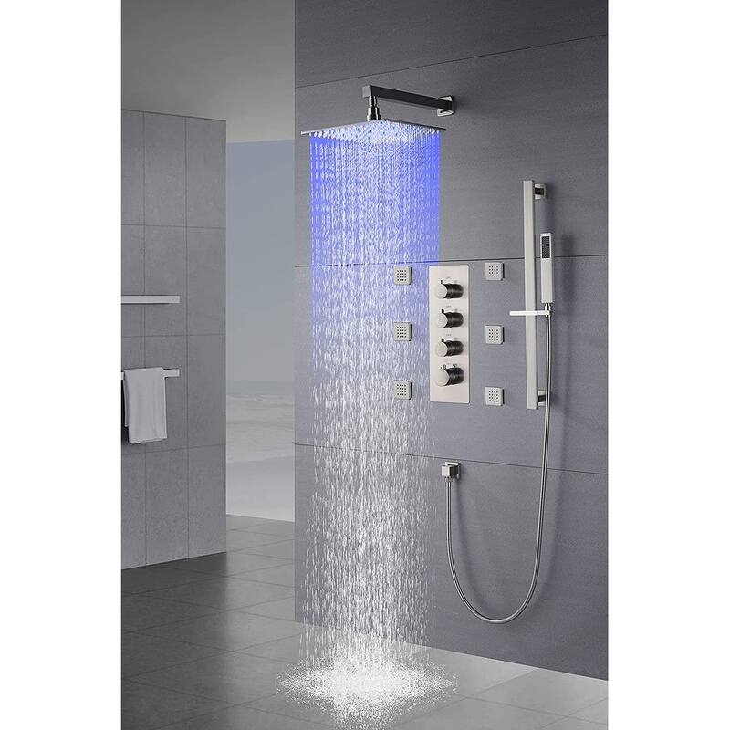 16" LED Wall Mount Rainfall 3 Way Thermostatic Shower System with Slide Bar, 6 Jets