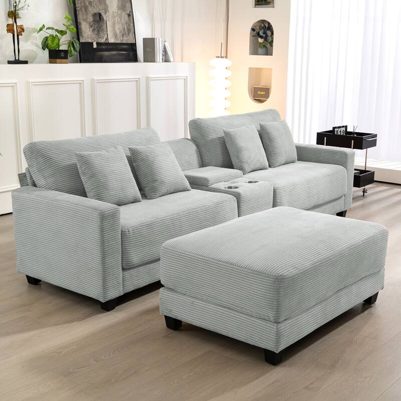Oversized Corduroy Upholstered Sofa with a Removable Ottoman & 4 Pillows