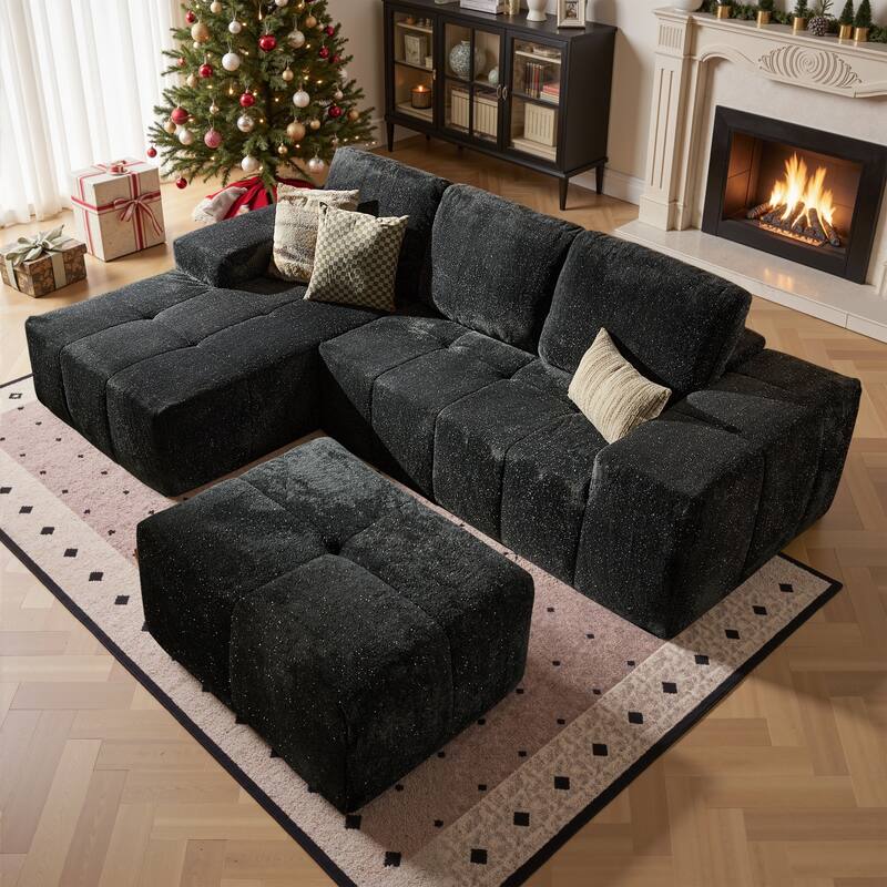 HOOOWOOO Modern Sparkly Velvet Fabric Chaise Sofa Couch with Ottoman - Grey-Left Chaise