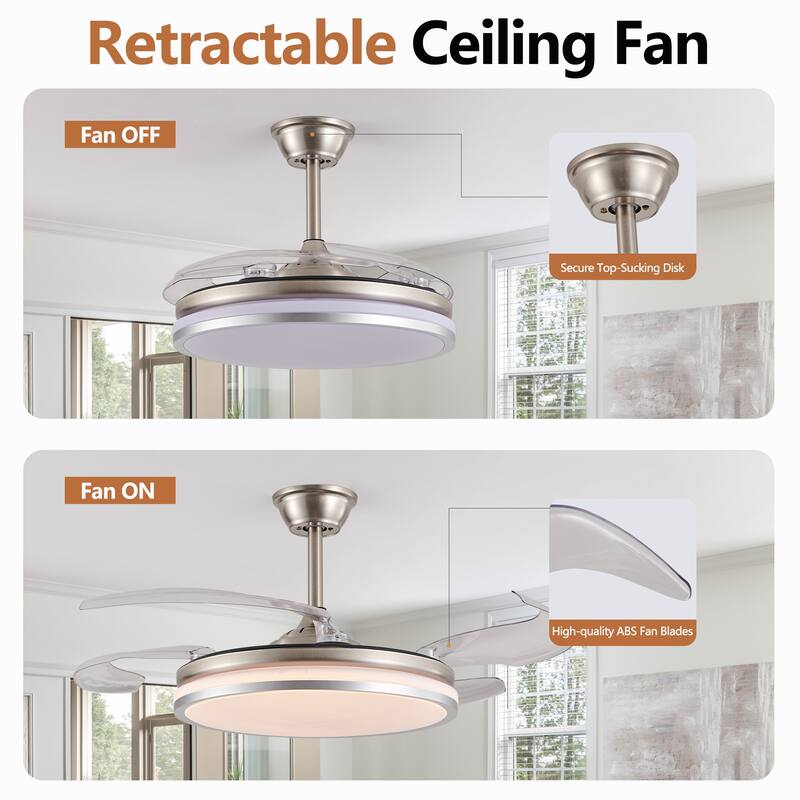 Retractable Ceiling Fan with Light and Remote Control, 6 Speeds DC Motor Ceiling Fan for Living Room Bedroom - 42 Inch