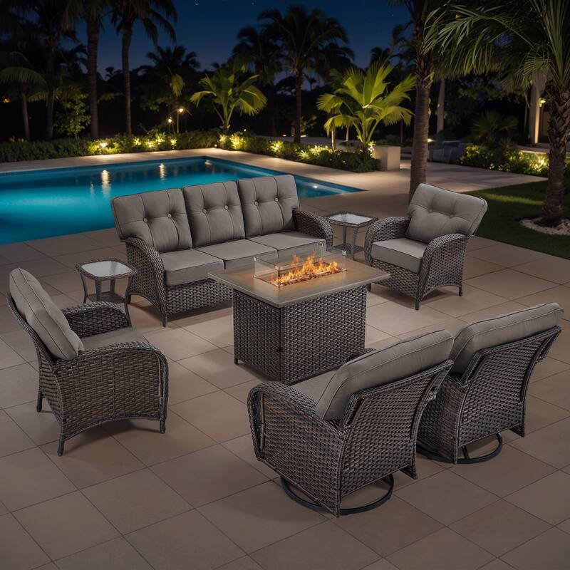 Gymojoy Outdoor Wicker Patio Furniture Sofa Set with 55,000 BTU Fire Pit Table, Swivel Chairs & Thick Cushions