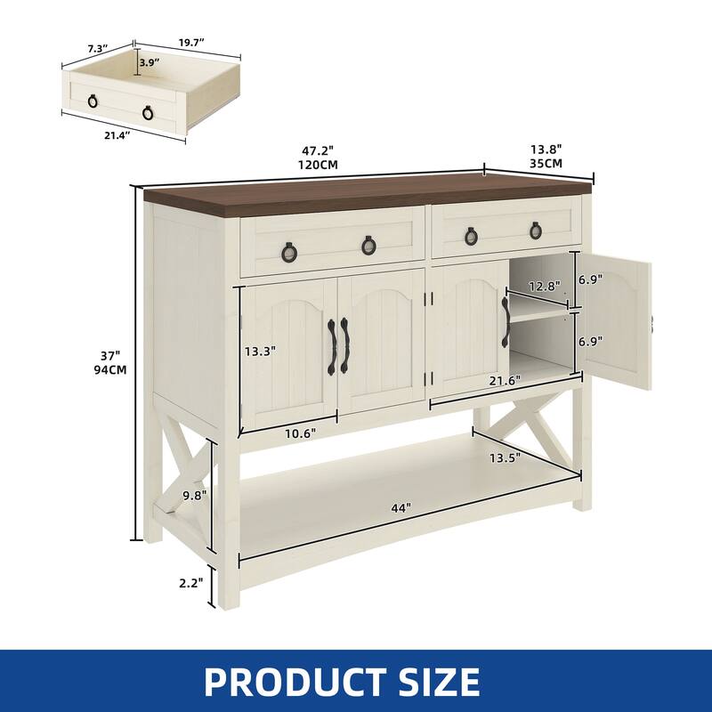Moasis 47.2 Inch Farmhouse Buffet Cabinet with Storage Drawers and Four Doors for Kitchen or Dining Room Organization