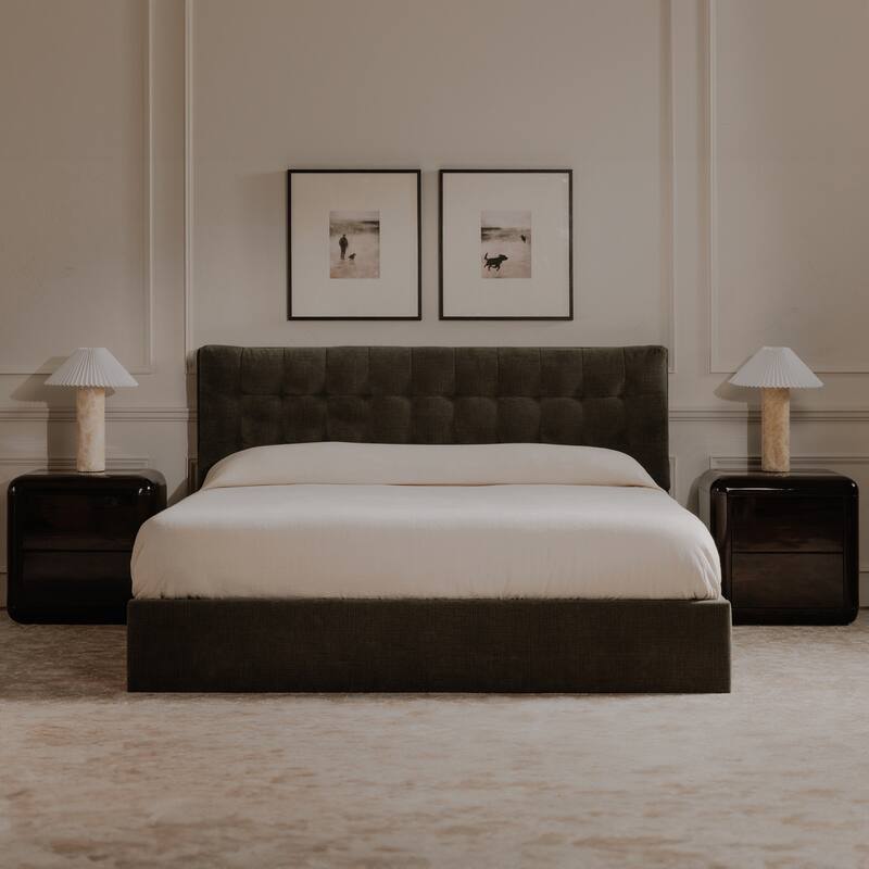 NADAAL STUDIOS Aloura Green Upholstered King Bed with Tufted Headboard and Hydraulic Lift Storage