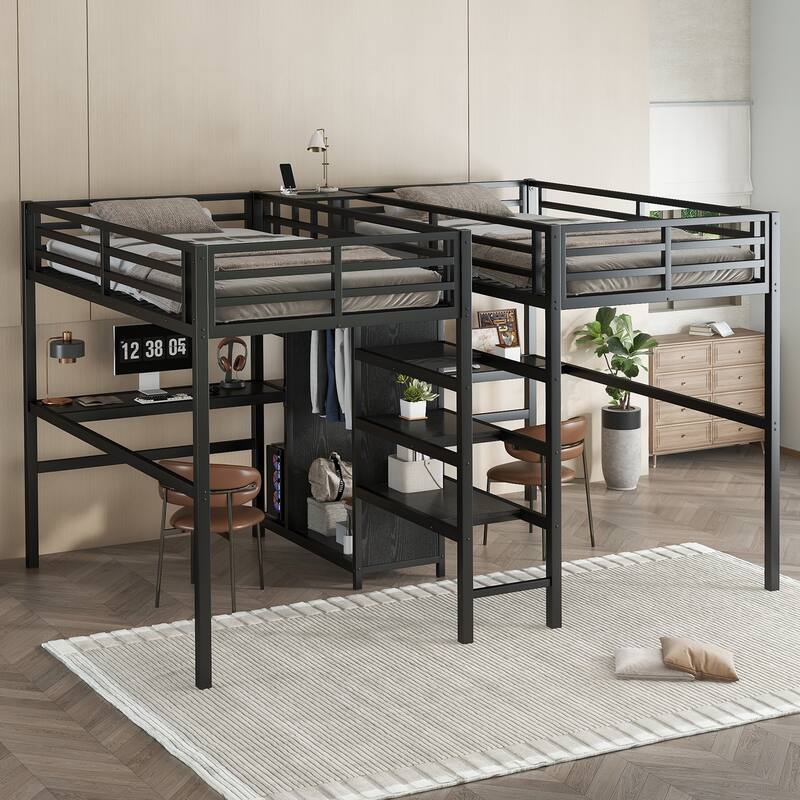 Black Twin Over Twin Loft Bed with Double Desk Wardrobe Shelves Power Outlet
