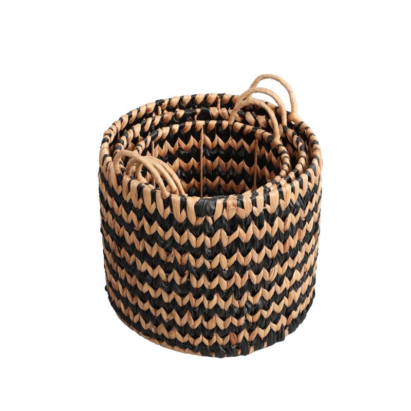 Coastal Handwoven Two-Tone Water Hyacinth Nesting Storage Baskets, Handles (Set of 3)