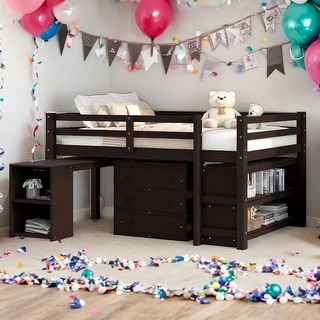 Full Size Loft Bed With Cabinet,Shelves And Rolling Portable Desk