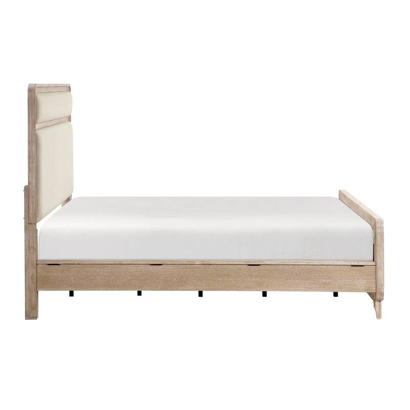 Modern Queen Bed with Upholstered Headboard and Footboard in Natural Finish