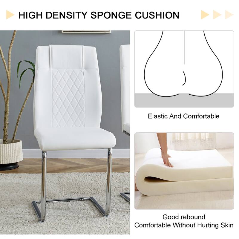 Kitchen Rectangle Dining Table Set for 4, 63" Faux Marble Glass Table with Stainless Steel Legs and PU Upholstered Chairs