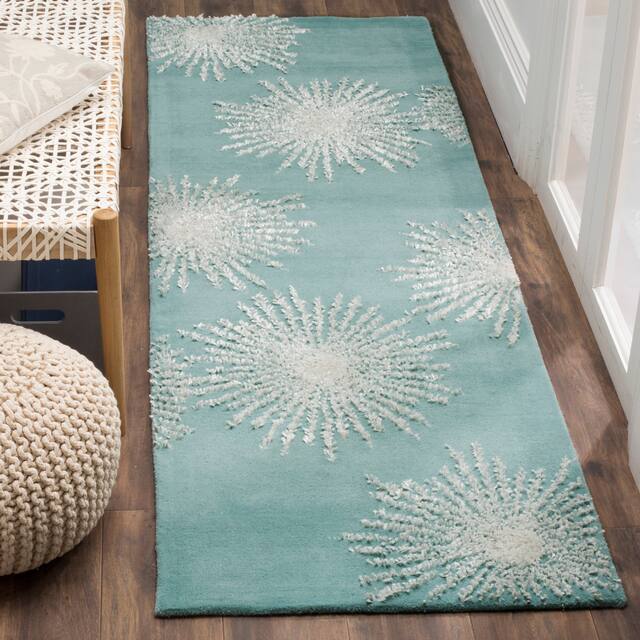 SAFAVIEH Handmade Soho Miyase Modern Burst New Zealand Wool Rug - 2'6" x 8' Runner - Light Teal/Multi
