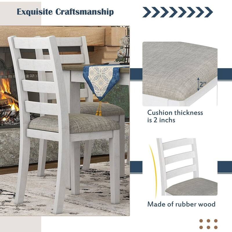 60" Farmhouse Rectangular Dining Table with 4 Upholstered Chairs and Bench