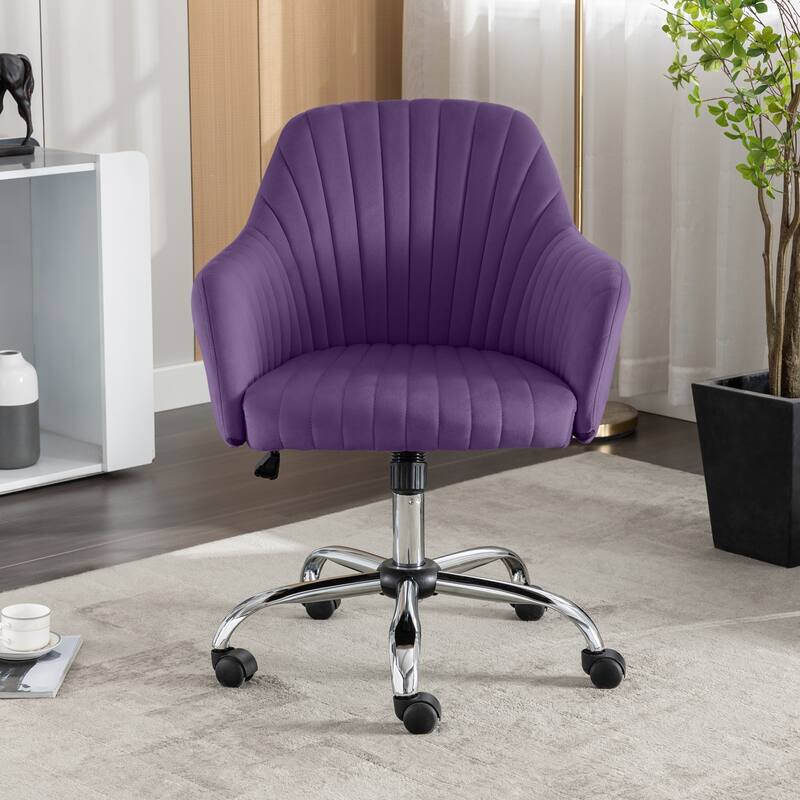 Modern Home Office Lounge Chair with Velvet Fabric Adjustable Height Metal Base and Casters, for Office - Purple
