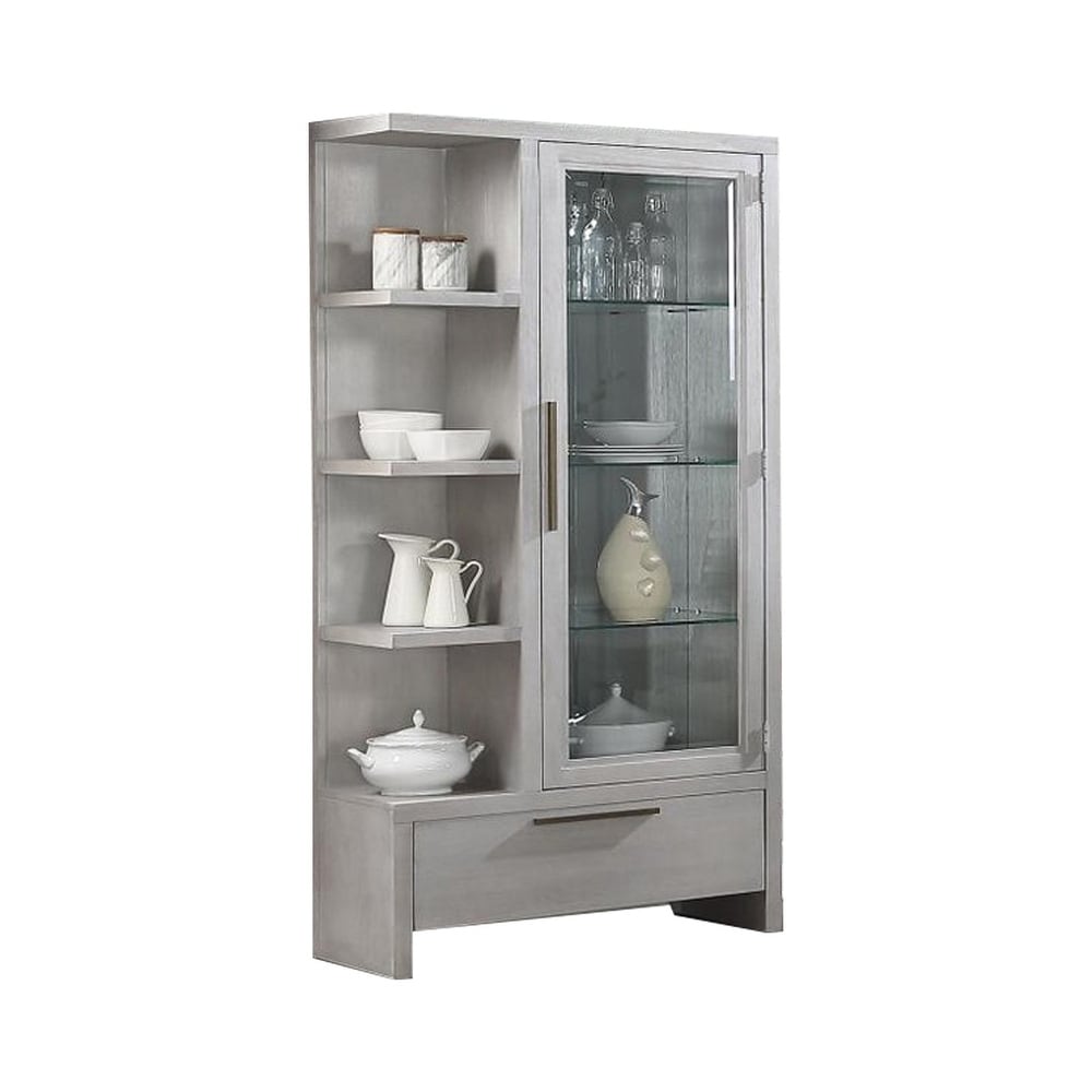 Overstock 3 Glass Shelf Wooden Curio with 1 Large Drawer, Gray (Grey)