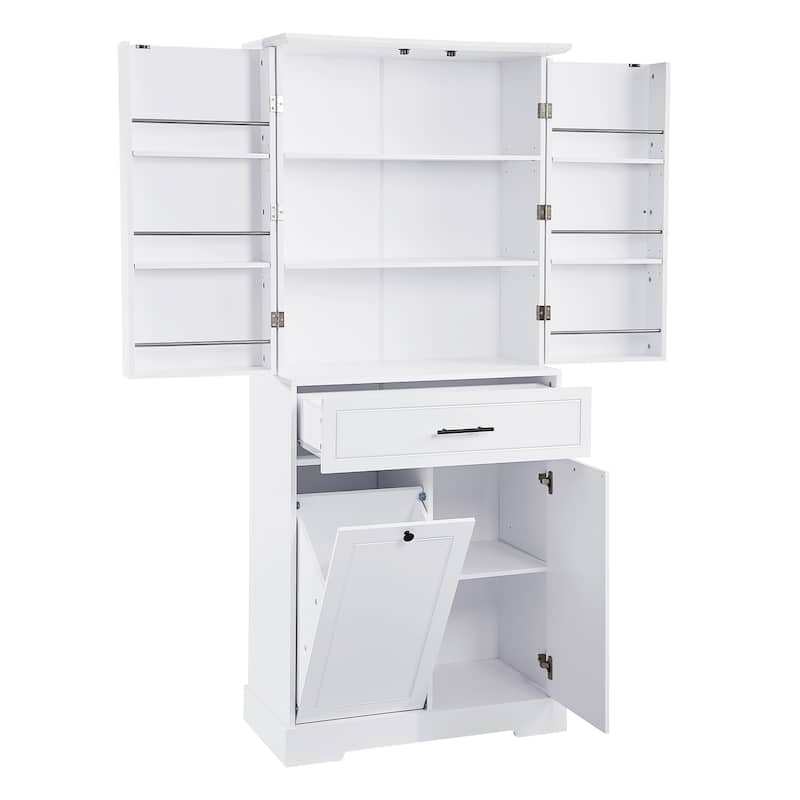 Freestanding Bathroom Storage Cabinet with Doors & Drawers, Tilt-Out Laundry Hamper, Adjustable Shelf, Multiple Storage Spaces