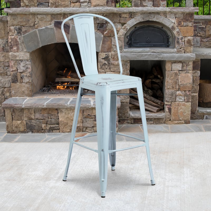 30" High Distressed Metal Indoor-Outdoor Barstool with Back - 18"W x 19"D x 46"H - Green-Blue