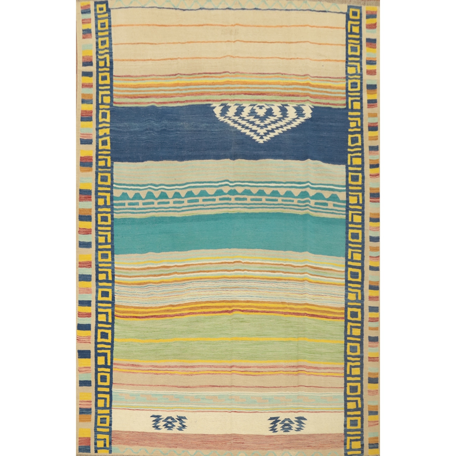 Hand Woven Oriental 100% Wool Carpet Southwestern Tribal Multi-Colored Kilim Area Rug - 9' 11'' X 8' 1''