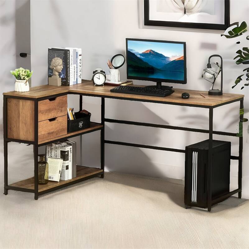 L-Shaped Home Office Computer Desk with Storage Shelves