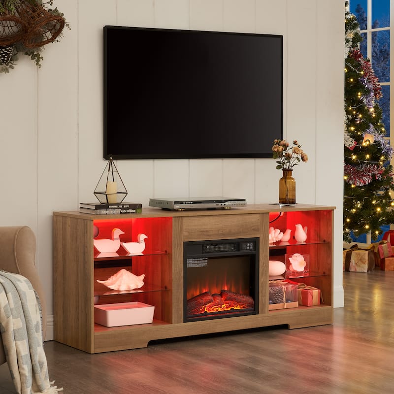 TV Stand Electric Fireplace Glass Shelves, 3D Fireplace TV Stand with LED Lights Wood with USB Charging Outlet