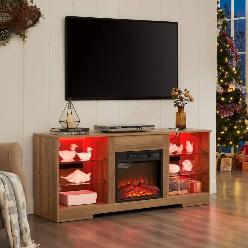 Wood Fireplace TV Console Stand w/ Glass Shelves & USB Charging Outlet