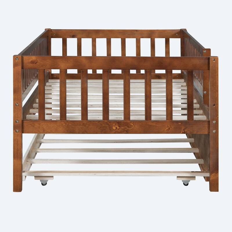 Twin Size Wood Daybed with Trundle and Fence Guardrails