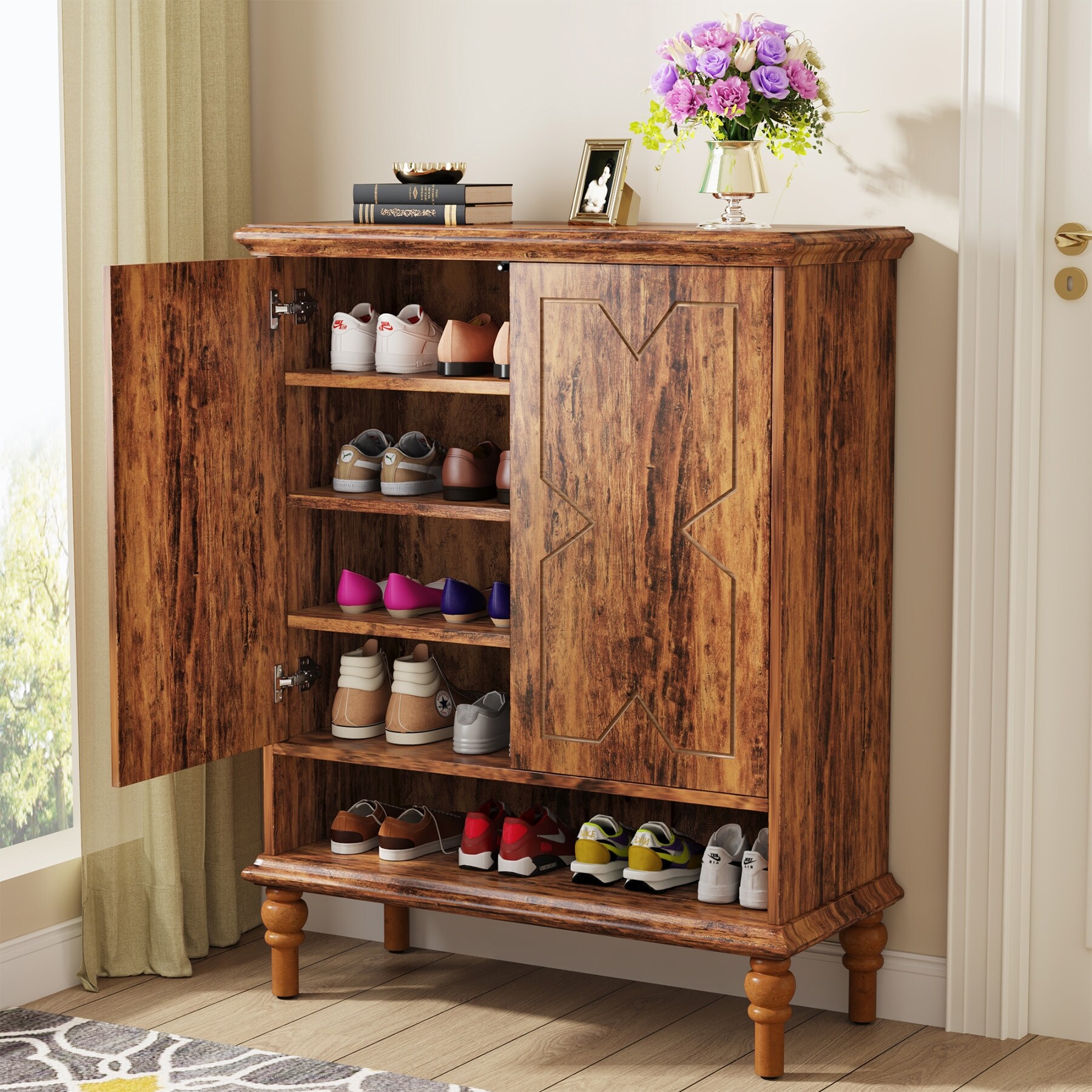 Rustic Brown Shoe Cabinet with Doors and Adjustable Shelves for Entryway