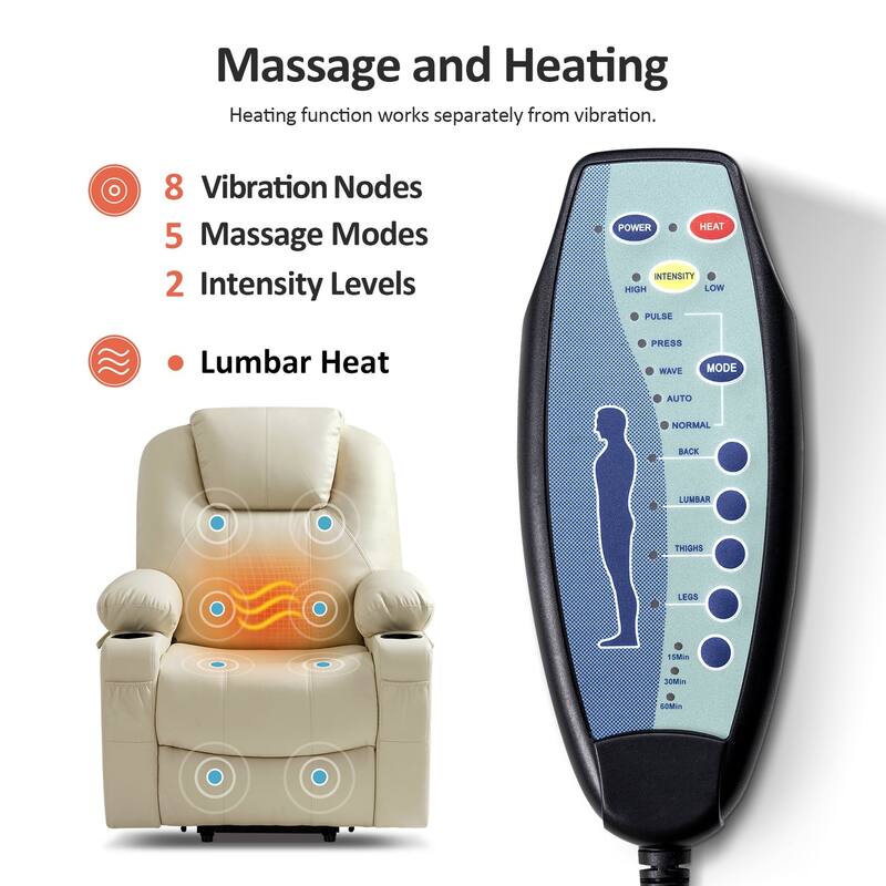 MCombo Electric Power Lift Recliner Chair Sofa with Massage and Heat, 3 Positions, USB Ports, Faux Leather 7040